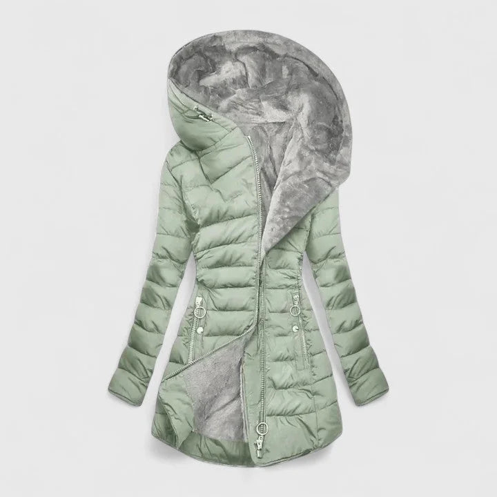 Women's lined quilted zip-up winter faux fur coat - Light Green