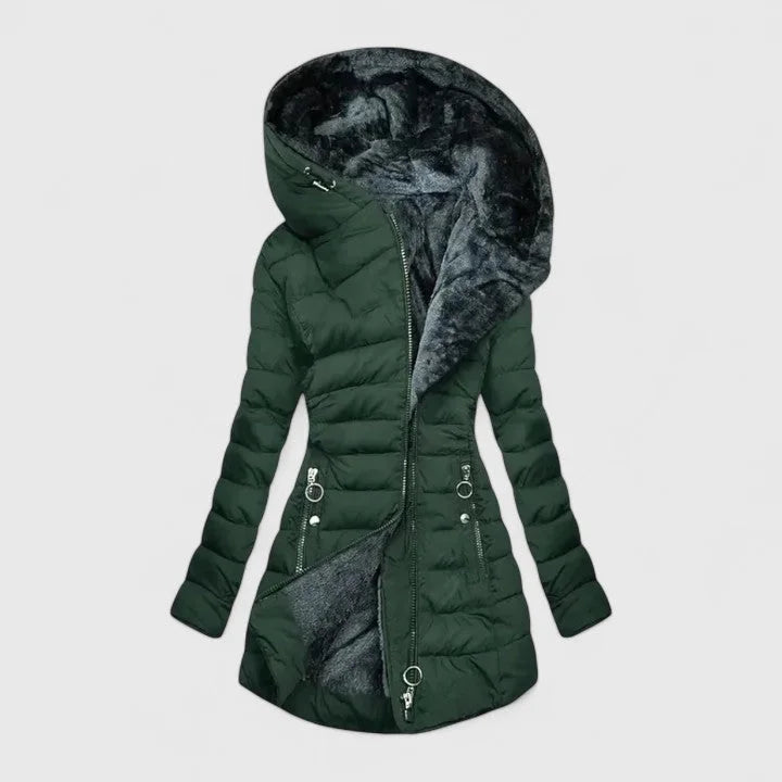 Women's lined quilted zip-up winter faux fur coat - Light Green