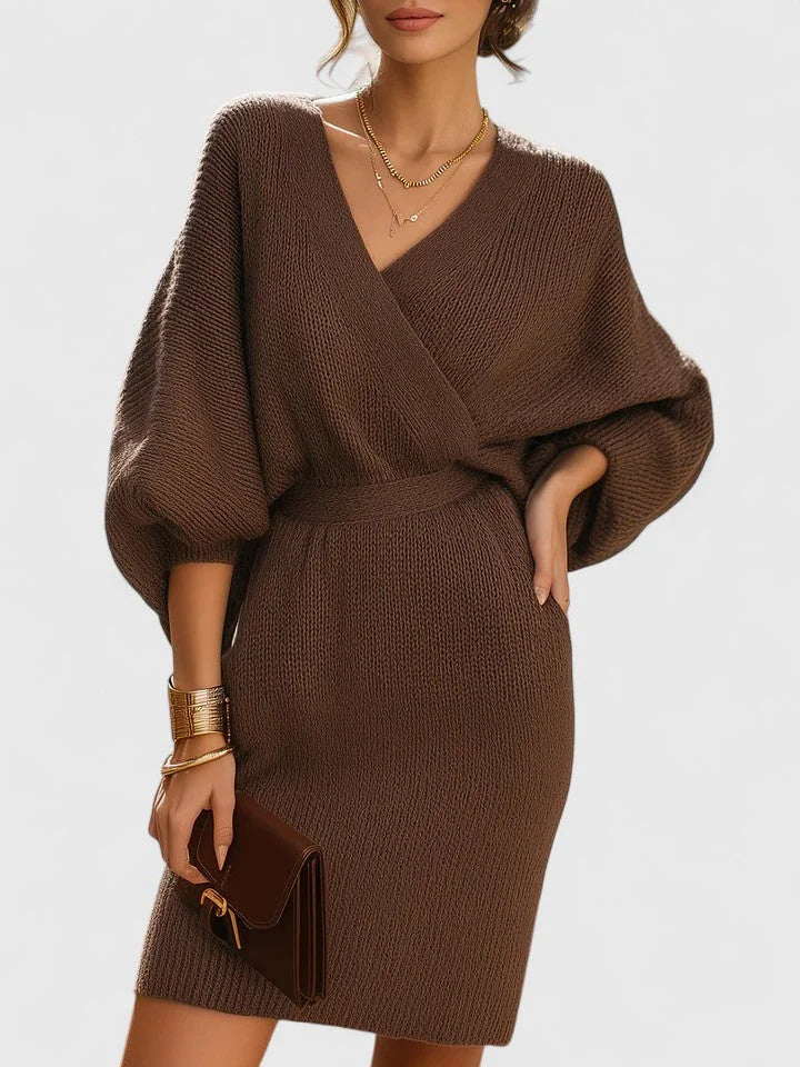 Women's knit wrap v-neck winter midi dress with voluminous sleeves - Brown