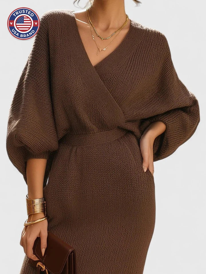 Women's knit wrap v-neck winter midi dress with voluminous sleeves - Brown