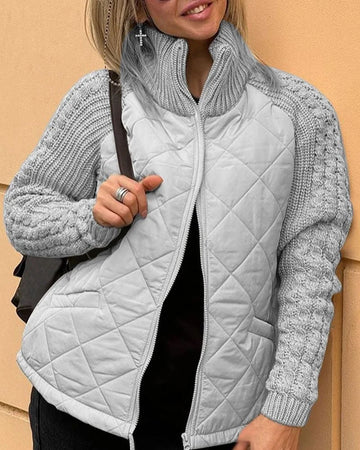 Women's zip-up stand collar winter quilted jacket with cable knit sleeves - Beige