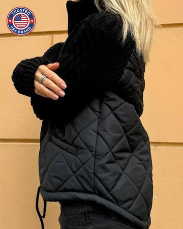 Women's zip-up stand collar winter quilted jacket with cable knit sleeves - Beige