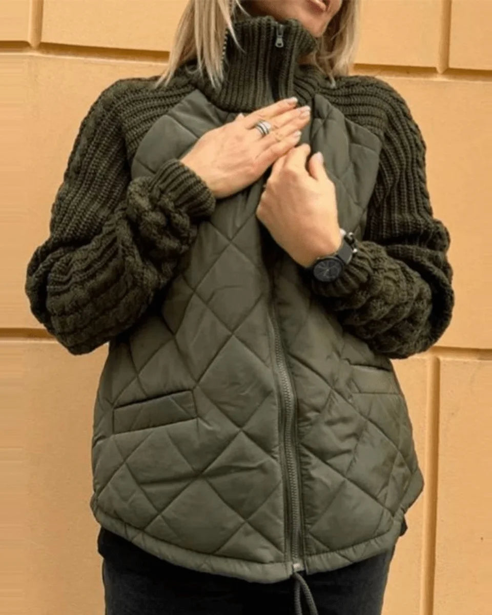 Women's zip-up stand collar winter quilted jacket with cable knit sleeves - Beige