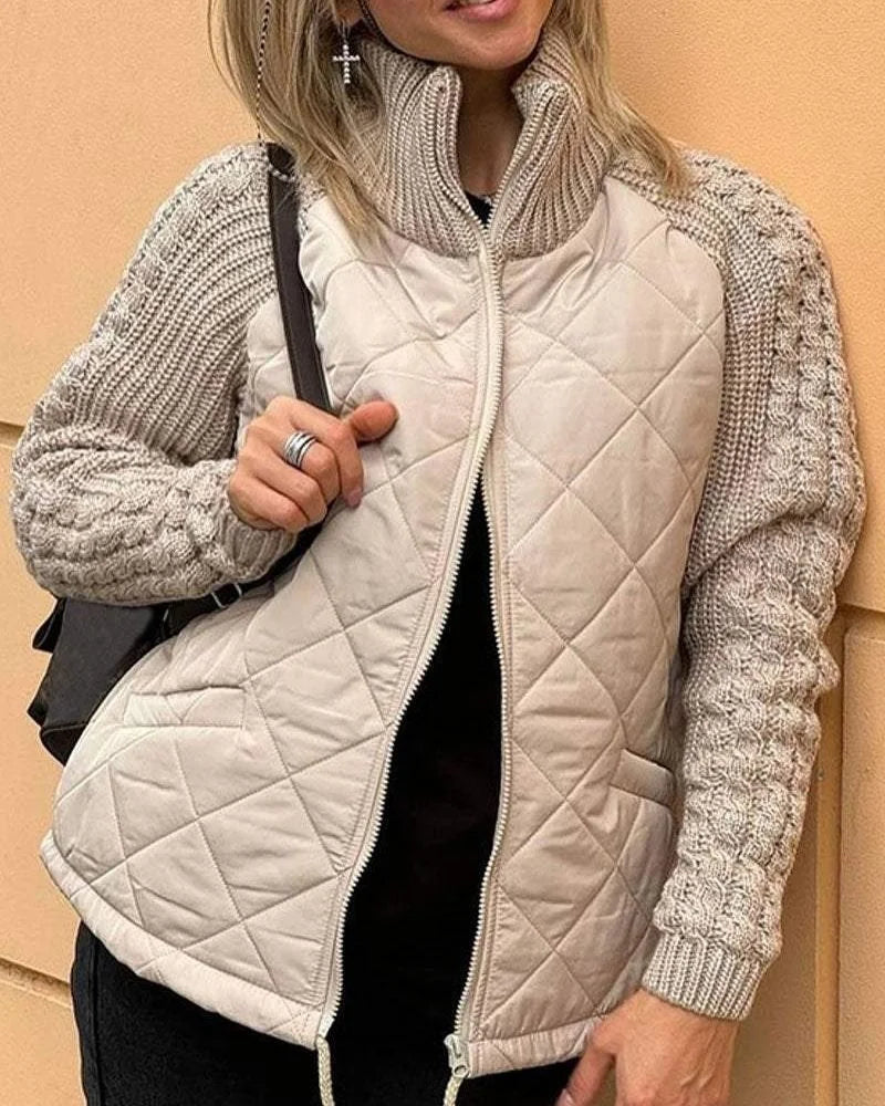 Women's zip-up stand collar winter quilted jacket with cable knit sleeves - Beige