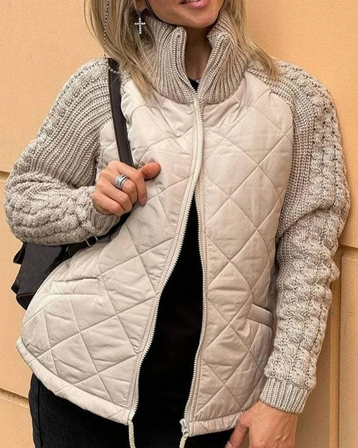 Women's zip-up stand collar winter quilted jacket with cable knit sleeves - Beige