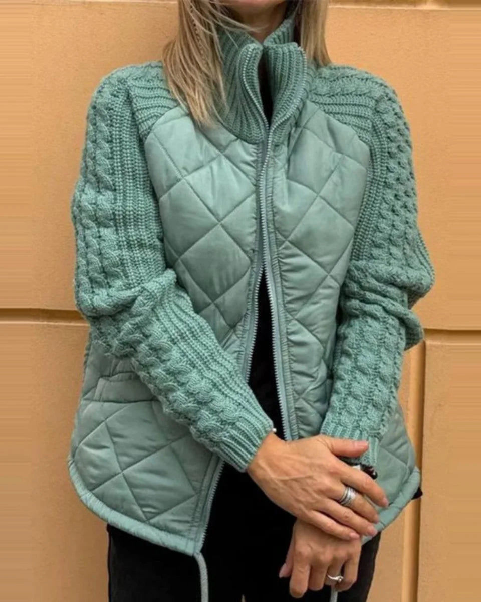 Women's zip-up stand collar winter quilted jacket with cable knit sleeves - Beige
