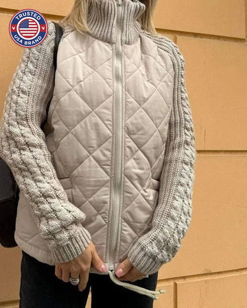 Women's zip-up stand collar winter quilted jacket with cable knit sleeves - Beige