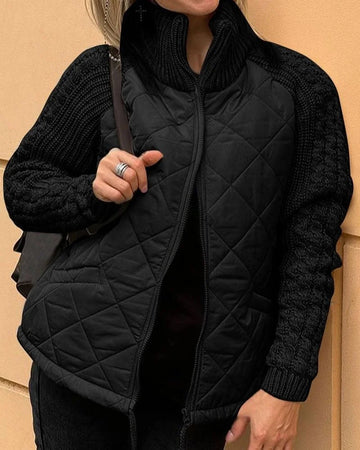 Women's zip-up stand collar winter quilted jacket with cable knit sleeves - Beige