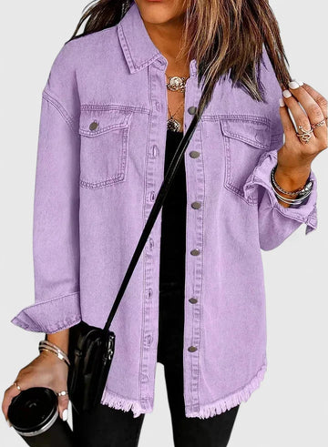 Women's button-front collared winter denim jacket with frayed hem - Black