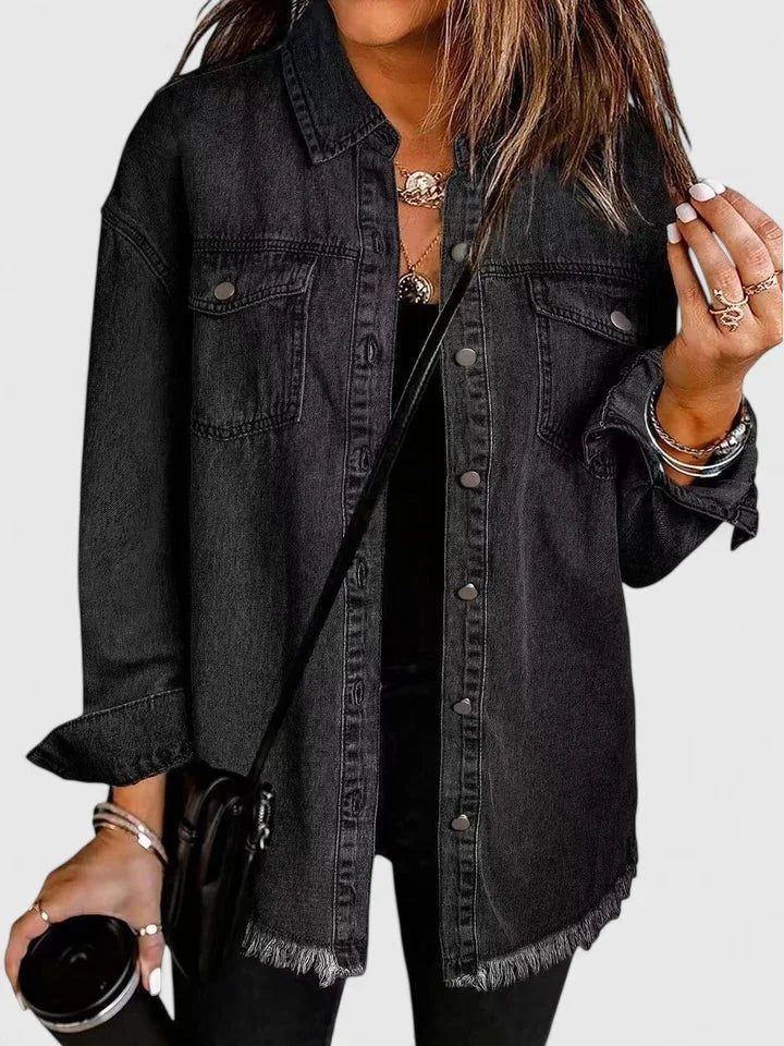 Women's button-front collared winter denim jacket with frayed hem - Black