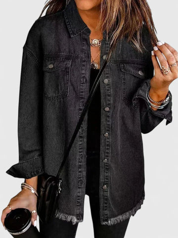 Women's button-front collared winter denim jacket with frayed hem - Black