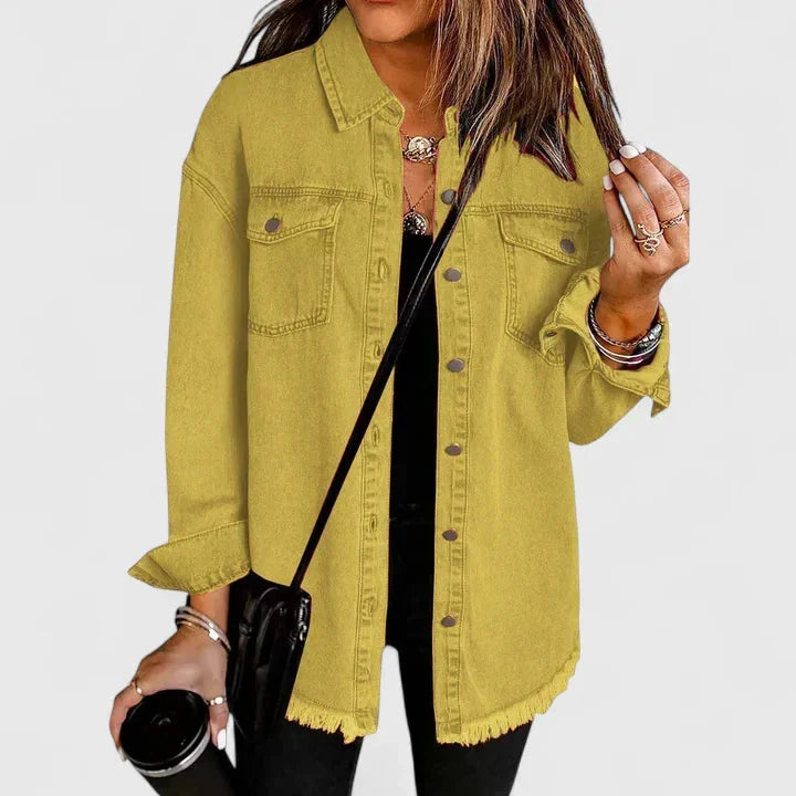 Women's button-front collared winter denim jacket with frayed hem - Black