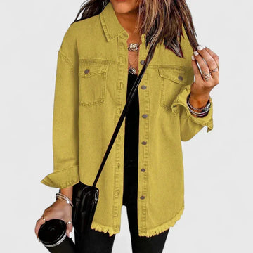 Women's button-front collared winter denim jacket with frayed hem - Black