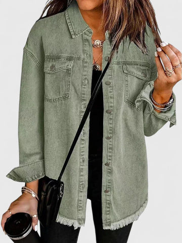 Women's button-front collared winter denim jacket with frayed hem - Black