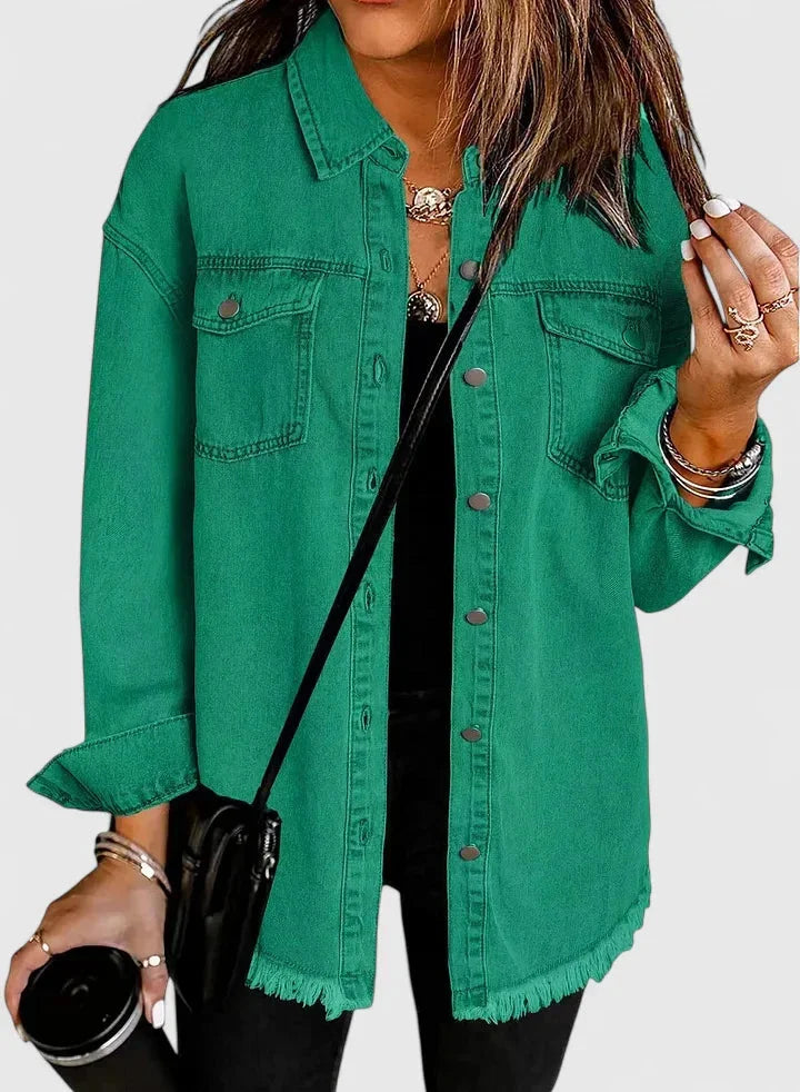 Women's button-front collared winter denim jacket with frayed hem - Black