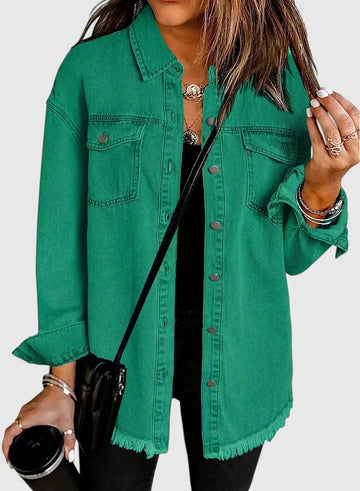 Women's button-front collared winter denim jacket with frayed hem - Black