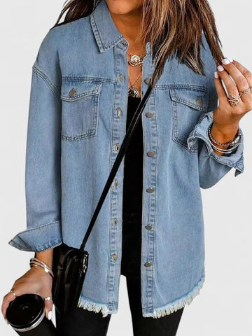 Women's button-front collared winter denim jacket with frayed hem - Black