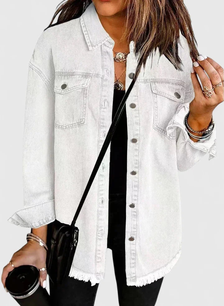Women's button-front collared winter denim jacket with frayed hem - Black