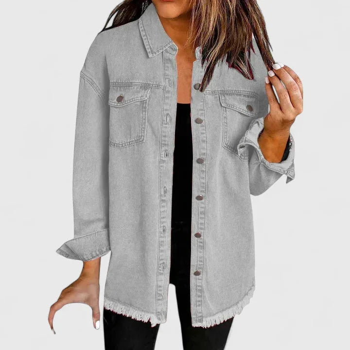 Women's button-front collared winter denim jacket with frayed hem - Black