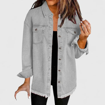 Women's button-front collared winter denim jacket with frayed hem - Black