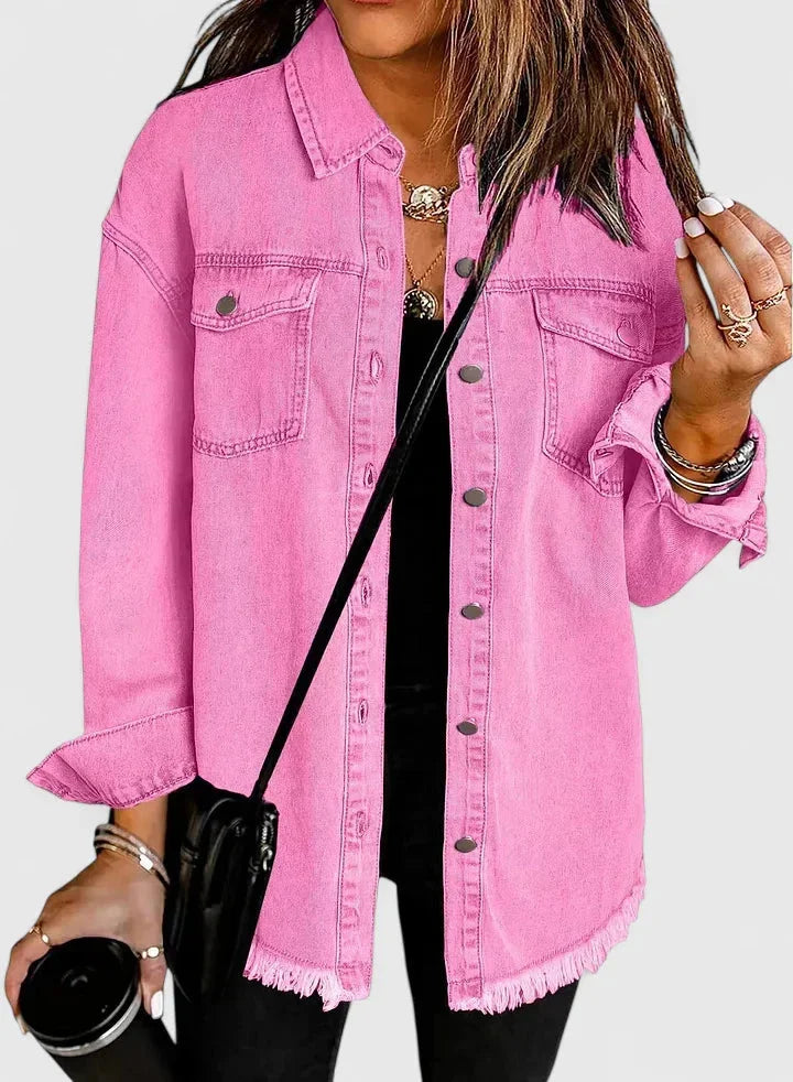 Women's button-front collared winter denim jacket with frayed hem - Black