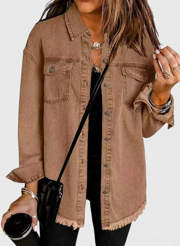 Women's button-front collared winter denim jacket with frayed hem - Black