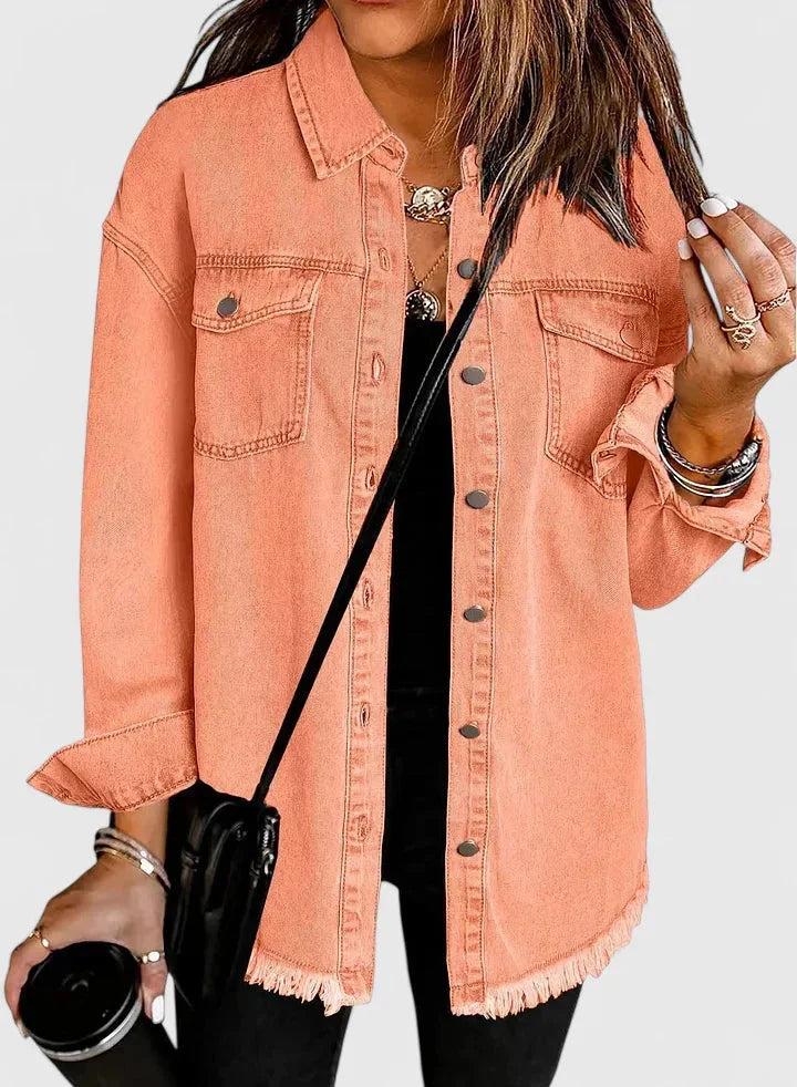 Women's button-front collared winter denim jacket with frayed hem - Black