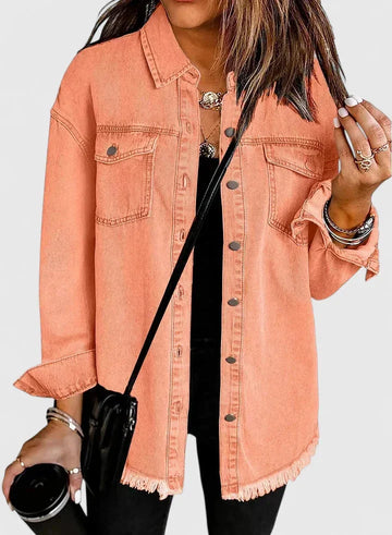Women's button-front collared winter denim jacket with frayed hem - Black