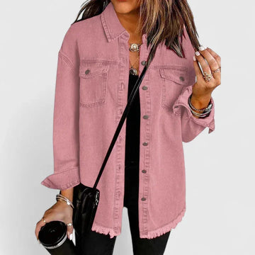 Women's button-front collared winter denim jacket with frayed hem - Black