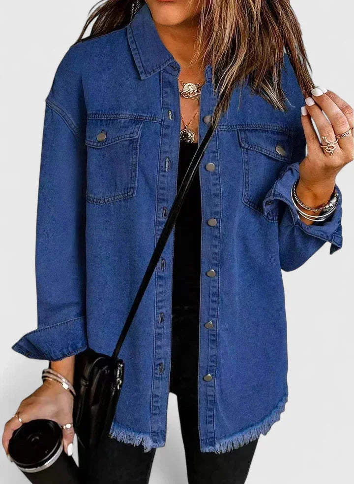 Women's button-front collared winter denim jacket with frayed hem - Black