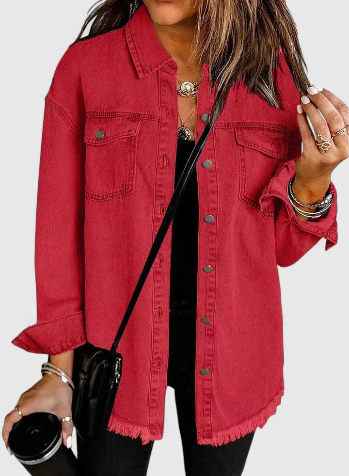 Women's button-front collared winter denim jacket with frayed hem - Black