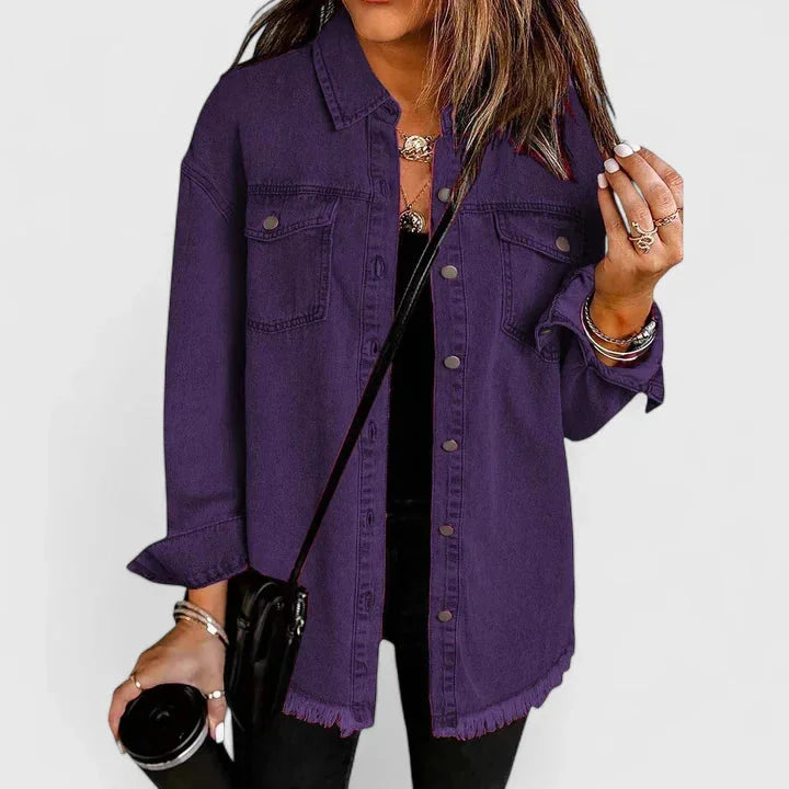 Women's button-front collared winter denim jacket with frayed hem - Black