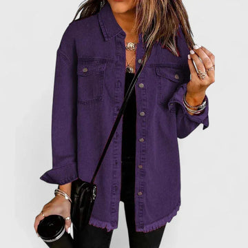 Women's button-front collared winter denim jacket with frayed hem - Black