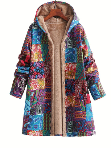 Women's button-front hooded winter parka with sherpa lining - Blue