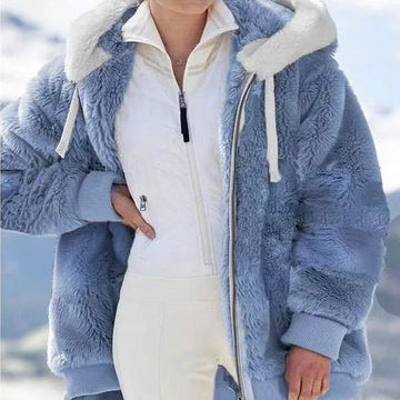Women's colorblock borg zip-up winter fleece jacket - Blue Stripes