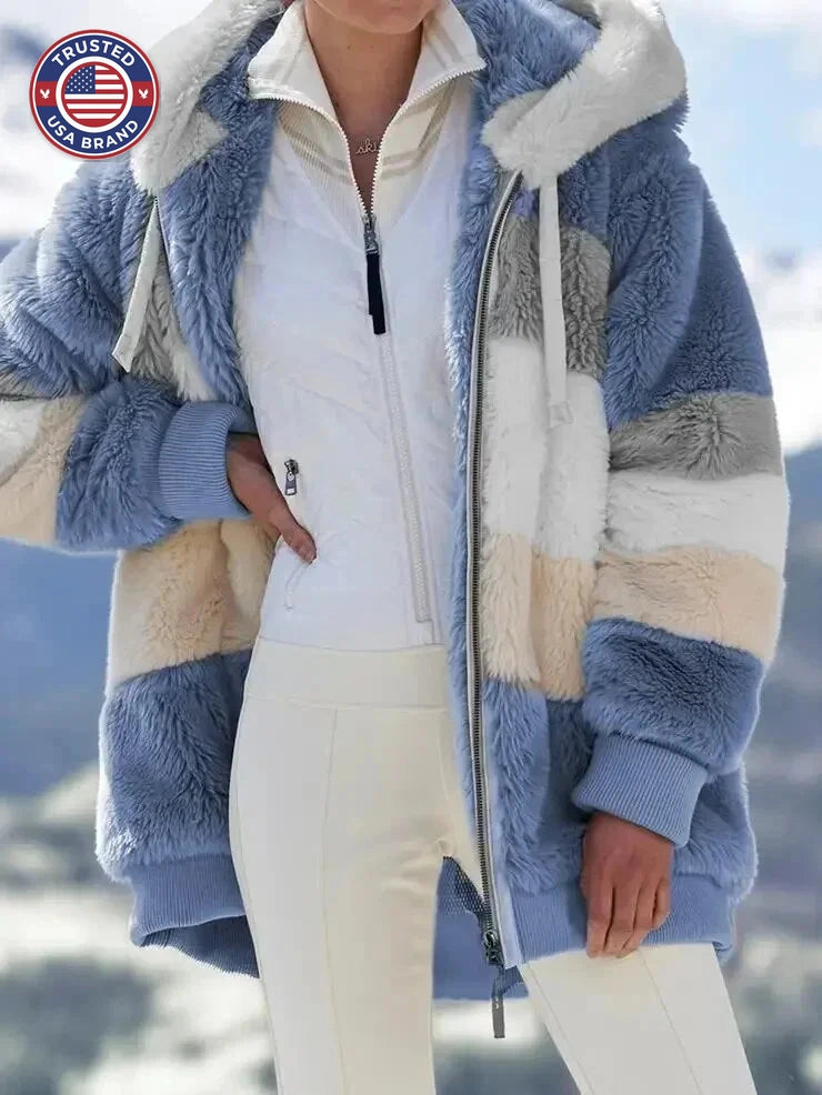 Women's colorblock borg zip-up winter fleece jacket - Blue Stripes