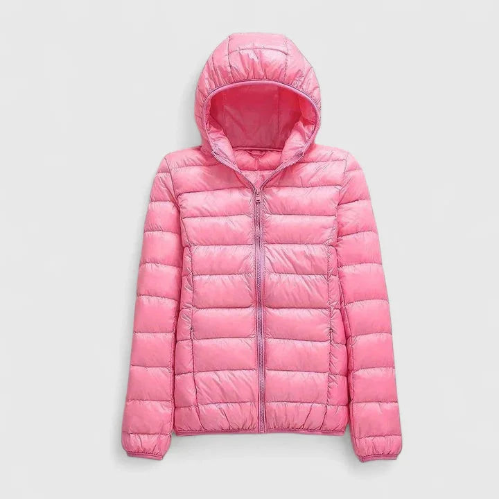 Women's quilted zip-up hooded winter puffer jacket - Champagne
