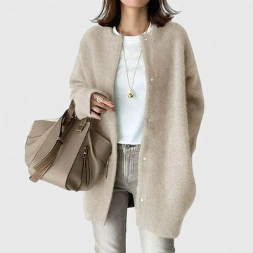 Women's knit button-front winter cardigan with fuzzy texture - Dark Gray