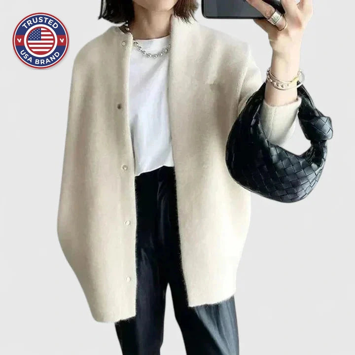 Women's knit button-front winter cardigan with fuzzy texture - Dark Gray