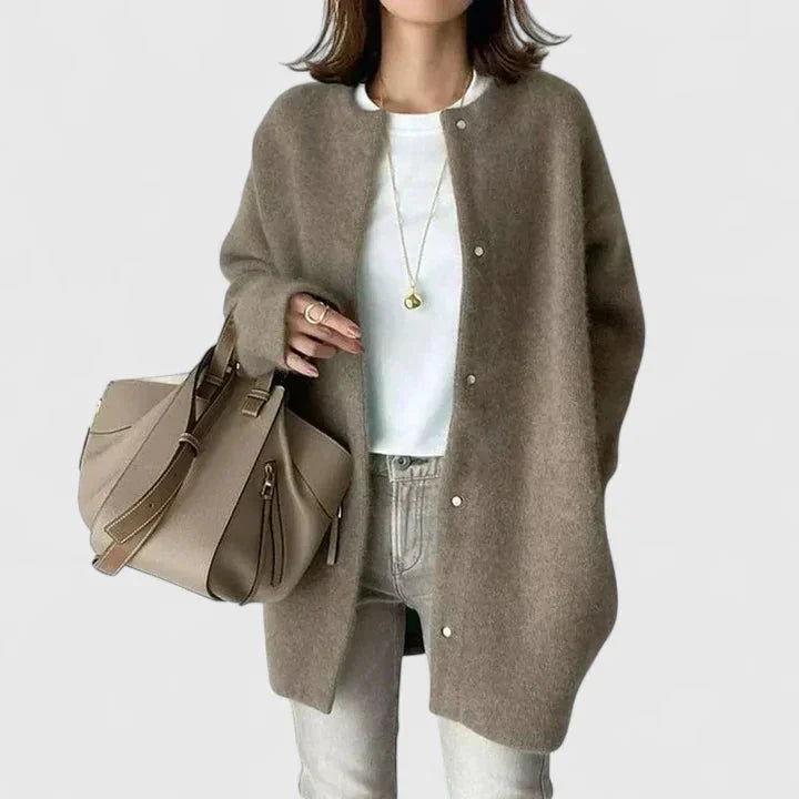 Women's knit button-front winter cardigan with fuzzy texture - Dark Gray