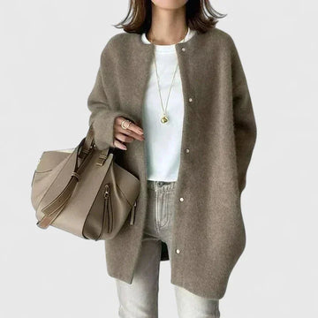 Women's knit button-front winter cardigan with fuzzy texture - Dark Gray