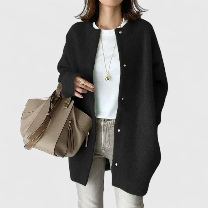 Women's knit button-front winter cardigan with fuzzy texture - Dark Gray