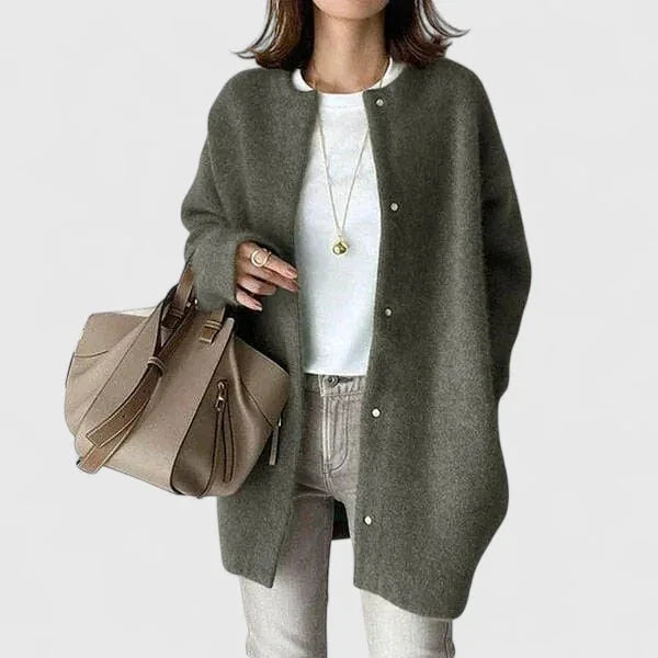 Women's knit button-front winter cardigan with fuzzy texture - Dark Gray