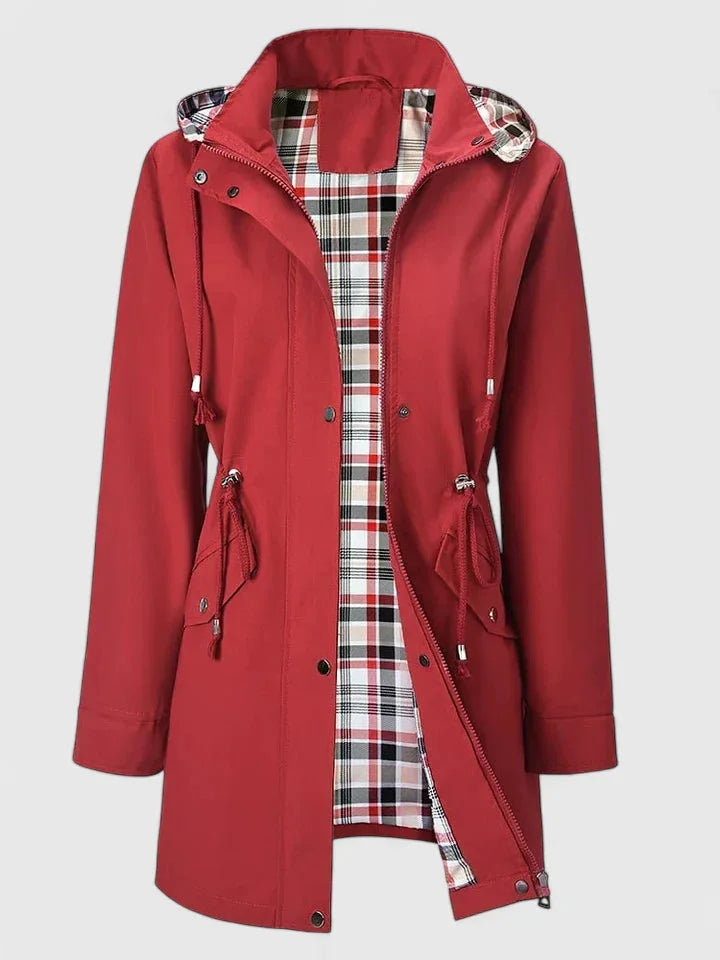 Women's zip-up hooded winter parka with drawstring waist - Red