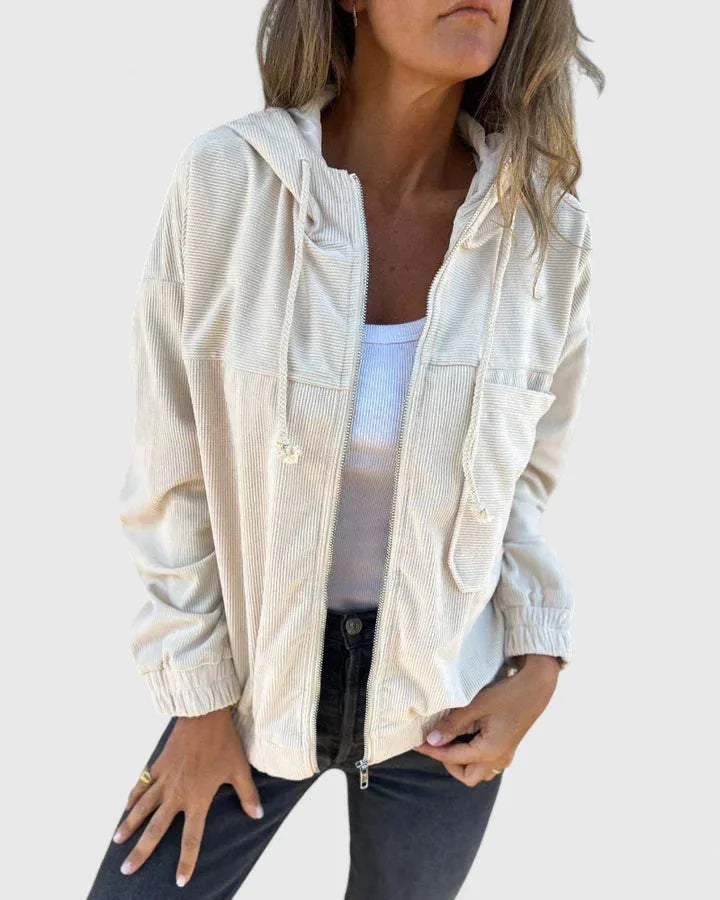 Women's corduroy zip-up hooded winter jacket with front patch pockets - White