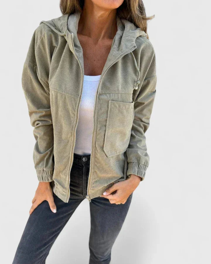 Women's corduroy zip-up hooded winter jacket with front patch pockets - White