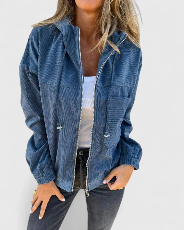 Women's corduroy zip-up hooded winter jacket with front patch pockets - White