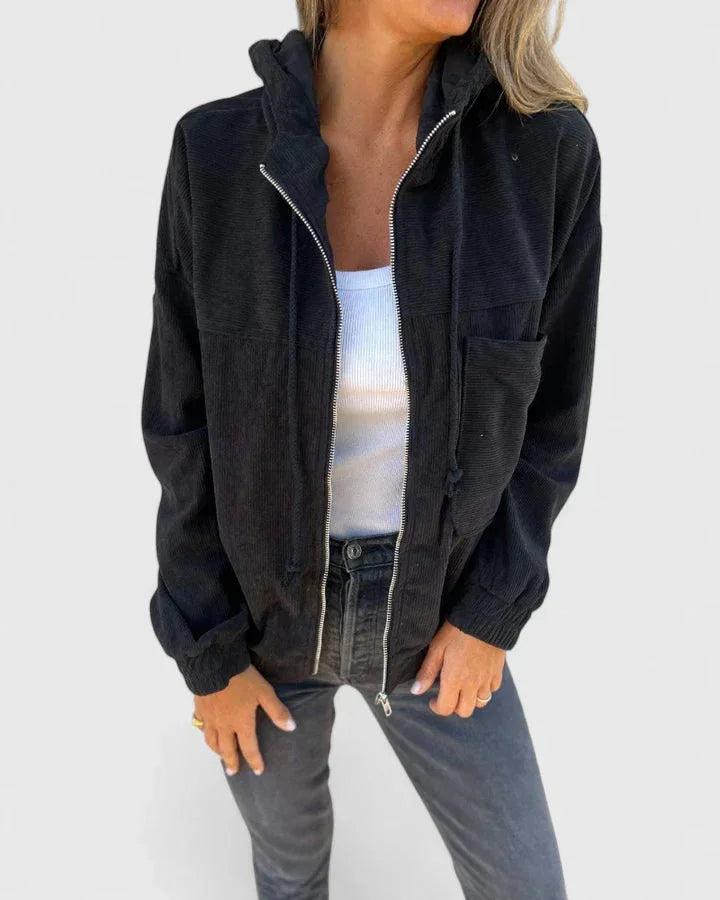 Women's corduroy zip-up hooded winter jacket with front patch pockets - White