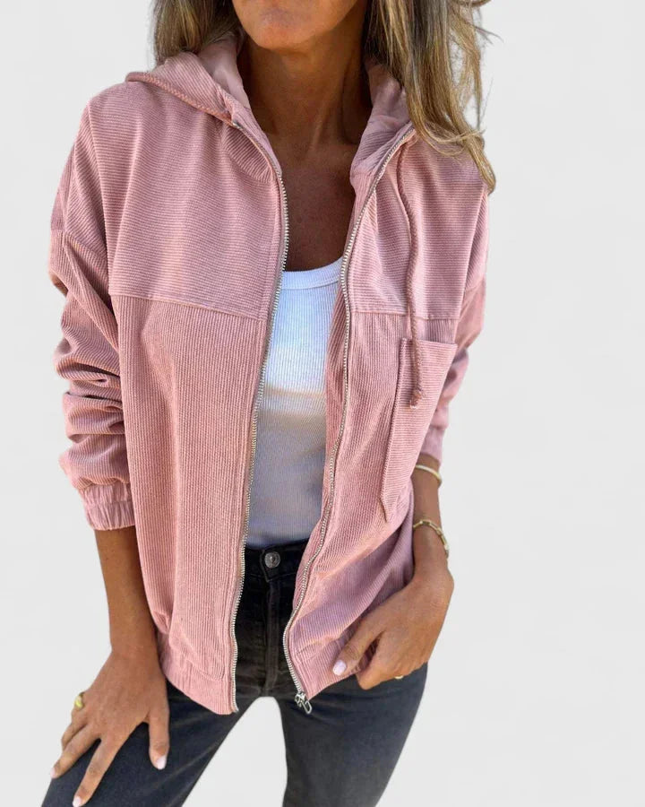 Women's corduroy zip-up hooded winter jacket with front patch pockets - White