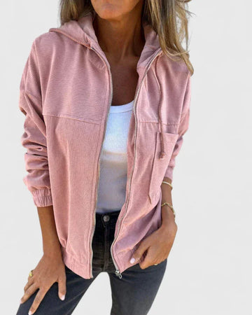 Women's corduroy zip-up hooded winter jacket with front patch pockets - White